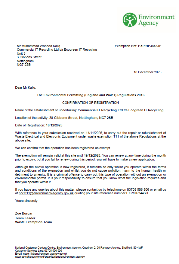 Environment Agency Registration — reference PH3443JE (to be confirmed)