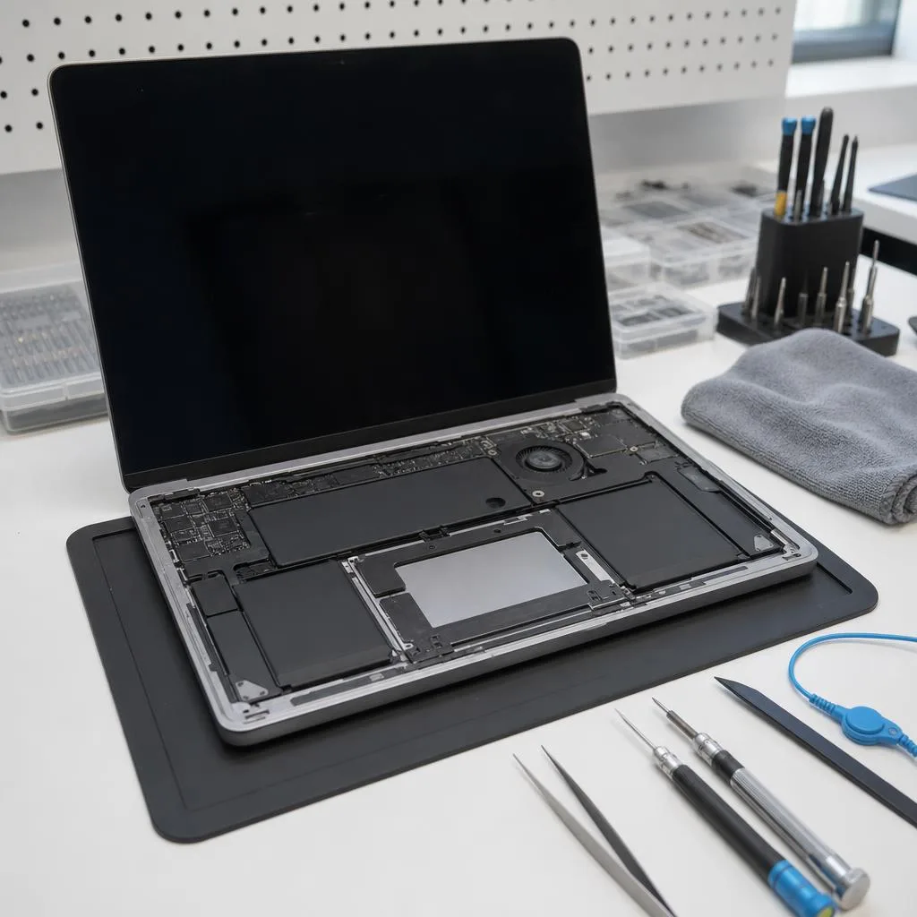 Illustrative MacBook liquid-damage inspection on a repair bench