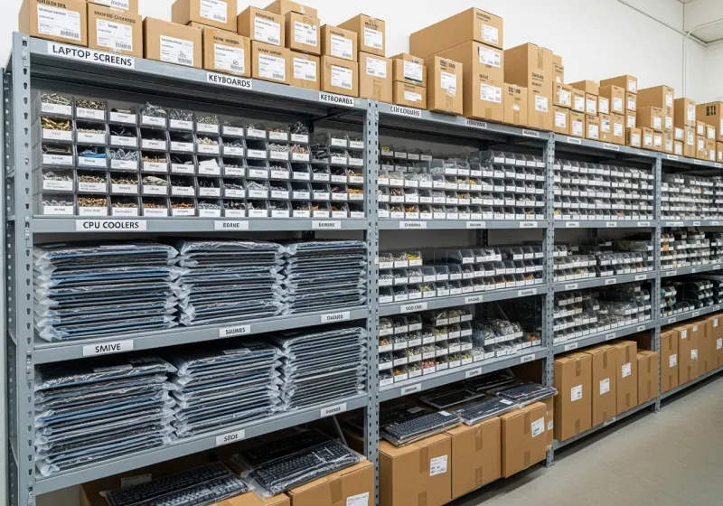 Shelves of repair parts in stock at our Nottingham workshop