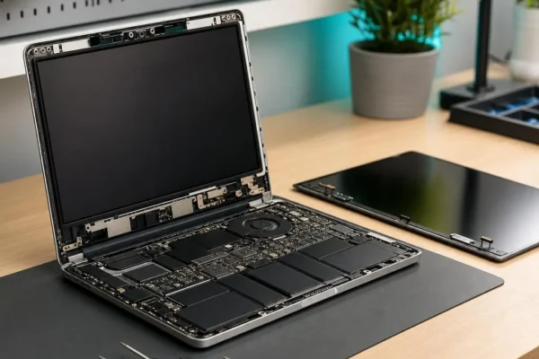 Illustrative laptop screen replacement in a professional workshop