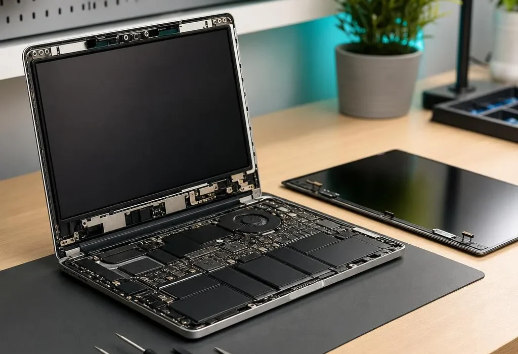 Illustrative laptop display replacement on a repair bench