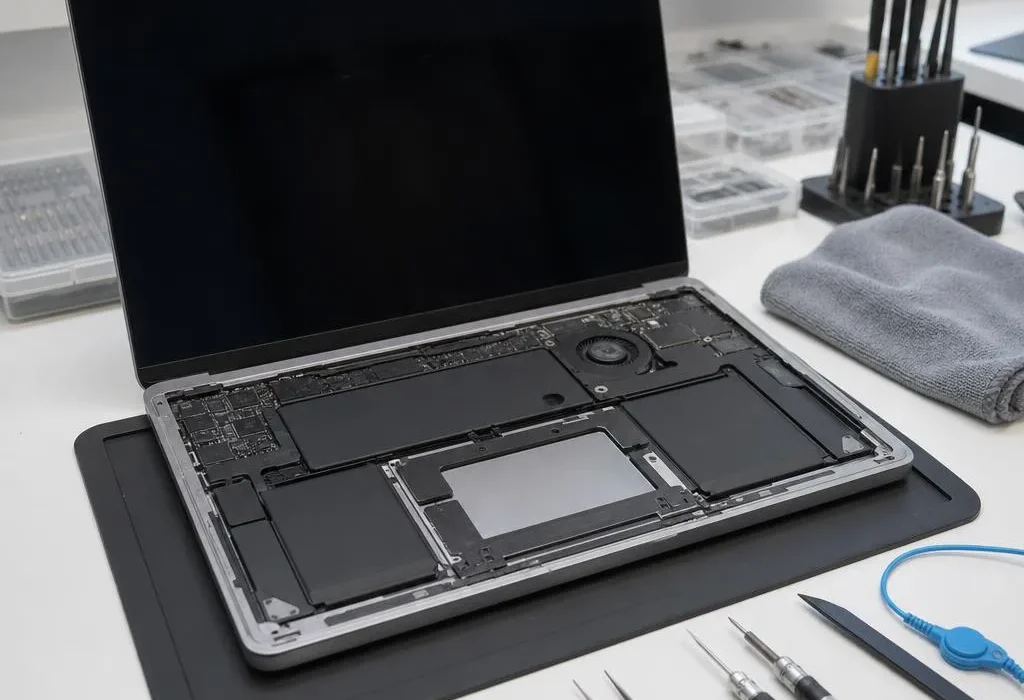Illustrative recent-model MacBook liquid-damage inspection