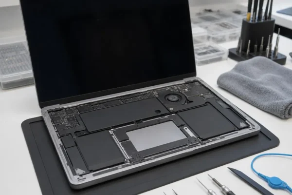 Illustrative recent-model MacBook liquid-damage inspection