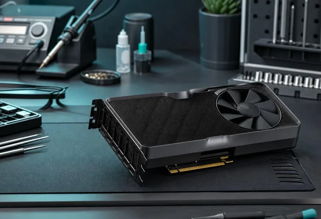 Illustrative RTX-series graphics card on a diagnostic workbench