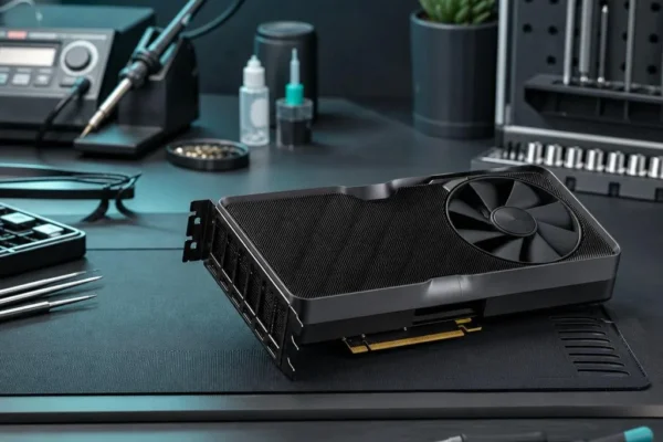Illustrative RTX-series graphics card on a diagnostic workbench