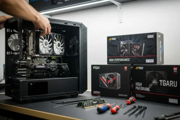 Illustrative custom gaming PC build on a workshop bench