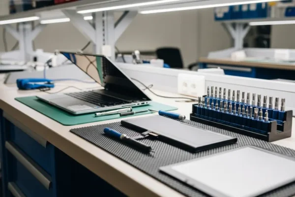 Illustrative laptop on a workshop bench for memory upgrade advice