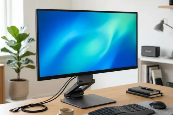 Illustrative desktop monitor and display cables on a desk