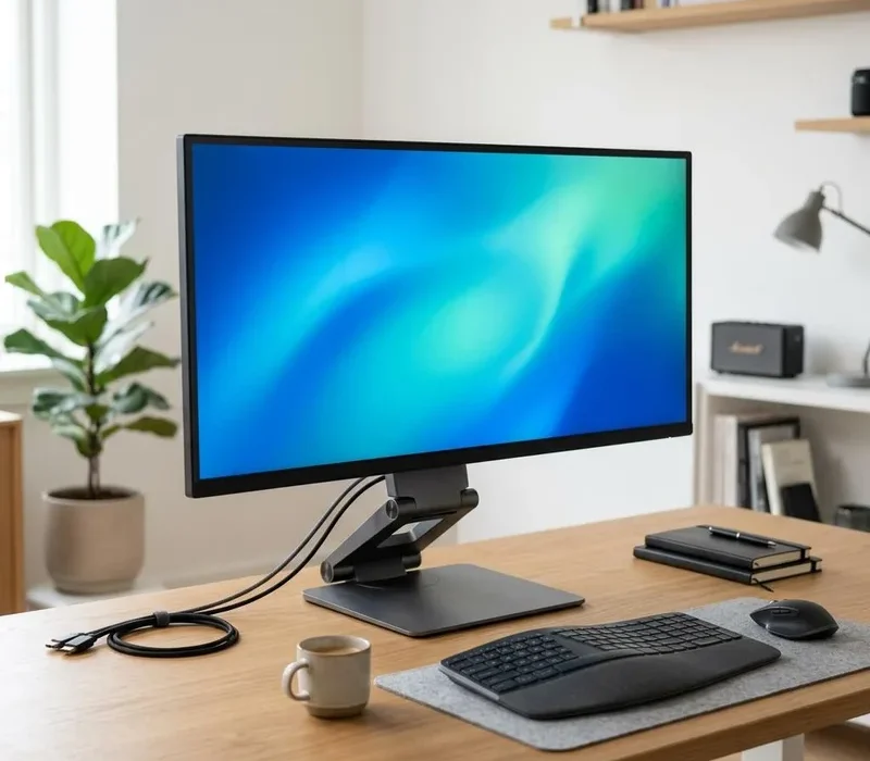 Illustrative desktop monitor and display cables on a desk