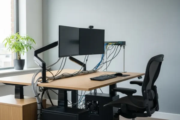 Illustrative business computer workspace