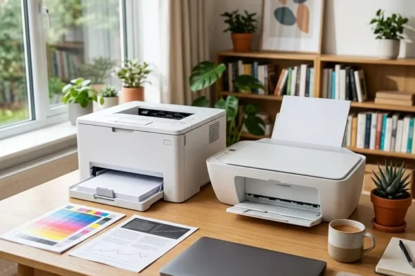 Illustrative home office inkjet and laser printers with paper