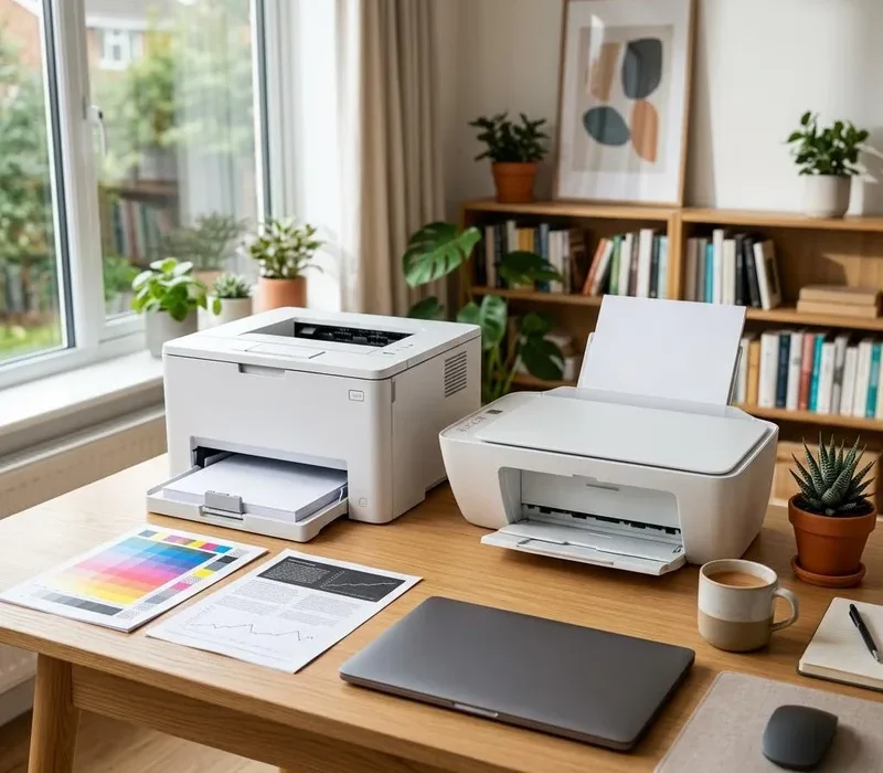 Illustrative home office inkjet and laser printers with paper